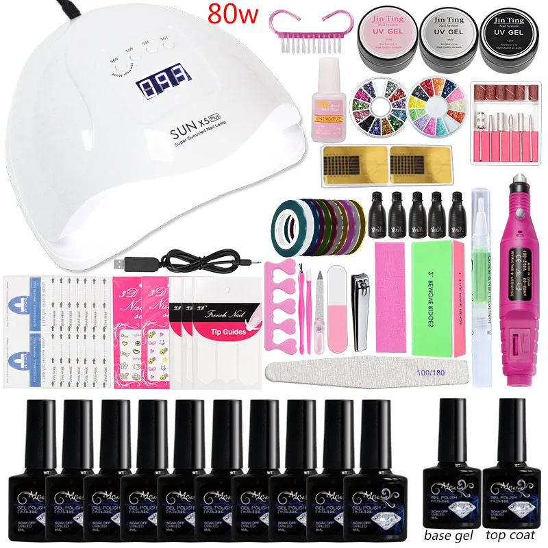 80w lamp set 10 gel Акрил комплекты набор для маникюра наращивая ногтей на выбор, 10 цветов, набор для ногтей, Профессиональный гель для полировки ногтей, 36 Вт/48 Вт/80 Вт, светодиодная лампа для ногтей маникюрный набор для ногтей - Цвет: 80w lamp set 10 gel