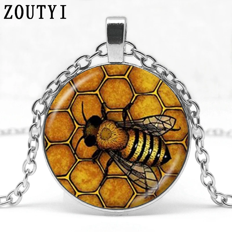 2018/ hot sale yellow queen bee necklace glass cabochon pendant silver chain necklace. | Украшения и аксессуары