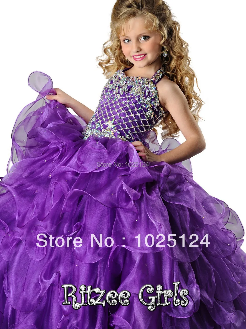 Free Shipping Custom Made New Ball Gown Halter Floor Length Purple Organza Beaded Tiered Girl Pageant Dresses 2015 | Свадьбы и