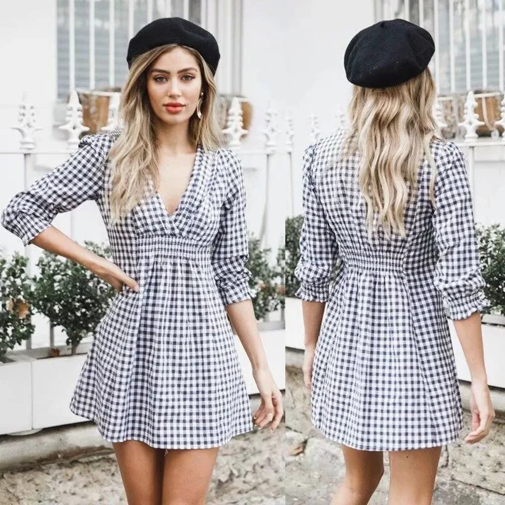 

S-XL women v neck half sleeve mini dress lady night evening party plaid dress casual leisure brand short dress