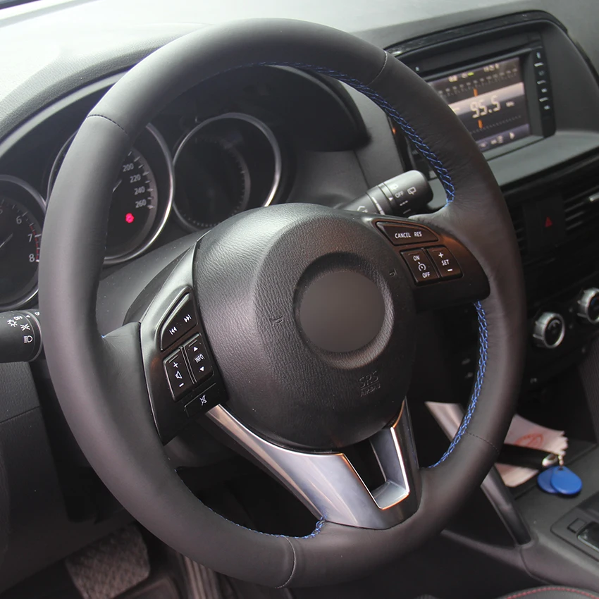 Черный натуральный кожаный чехол рулевого колеса автомобиля для Mazda 3 Axela Mazda 6 Atenza Mazda 2 CX-3 CX3 CX-5 CX5 Scion iA
