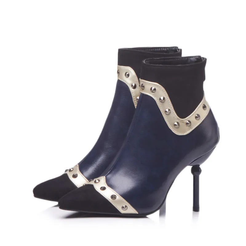 

ENMAYER New style women pointed toe color block rivet back zip ankle boots lady thin heel boots Big size 34-43 ZYL661