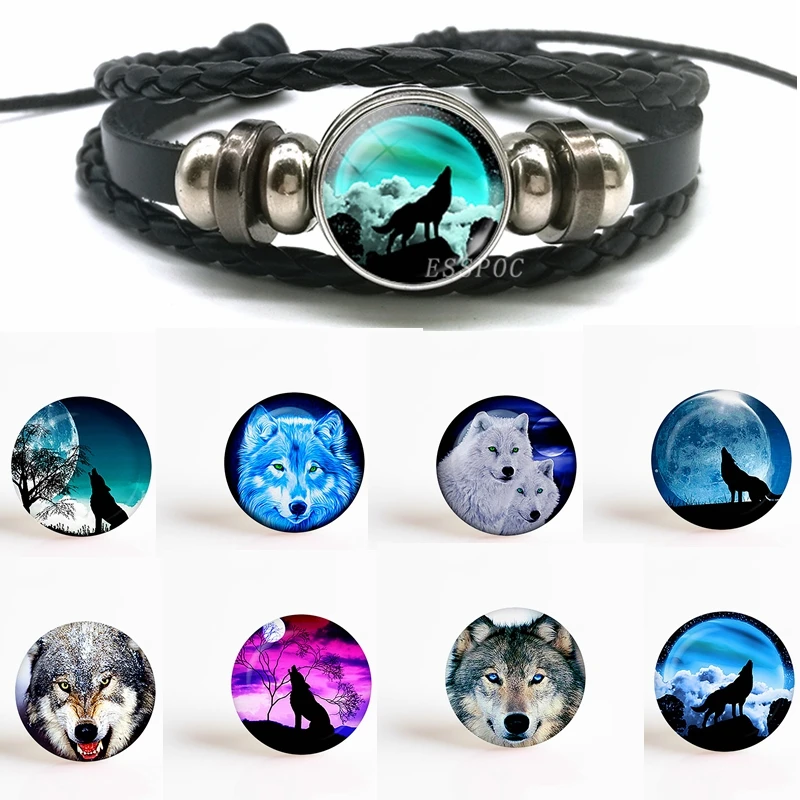 

1 PCS Fashion Accessories Wolf and Full Moon Black Button Leather Bracelet Jewelry Round Glass Dome Cabochons for Pendant Gift
