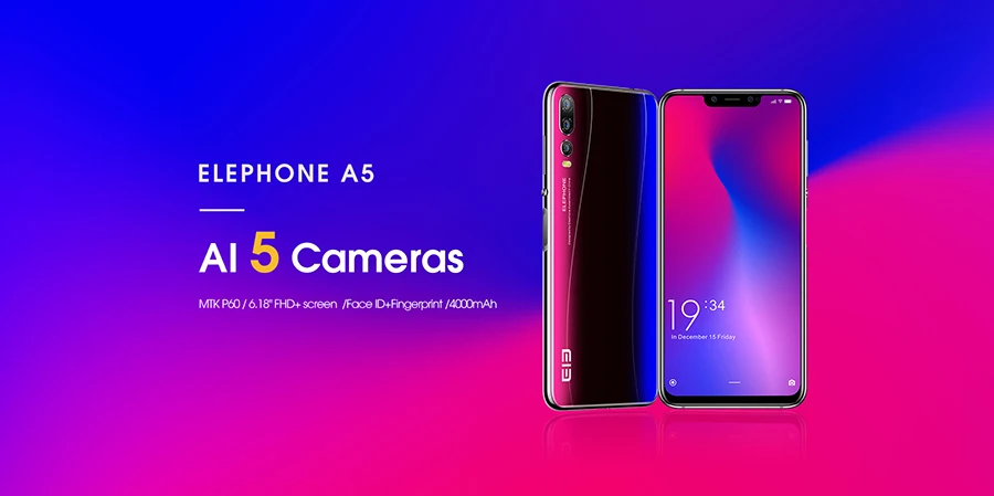 Elephone A5 Android 8,1 6,1" 18,7: 9 P60 MT6771 Четырехъядерный 4 ГБ ОЗУ 64 Гб ПЗУ 12 Мп+ 20 МП разблокировка лица отпечаток пальца 4G мобильный телефон
