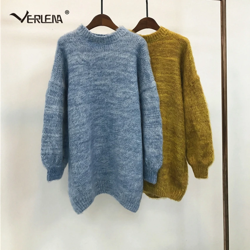 Verlena 2018 пушистый рукав летучая мышь уличная вязанный зимний негабаритный свитер