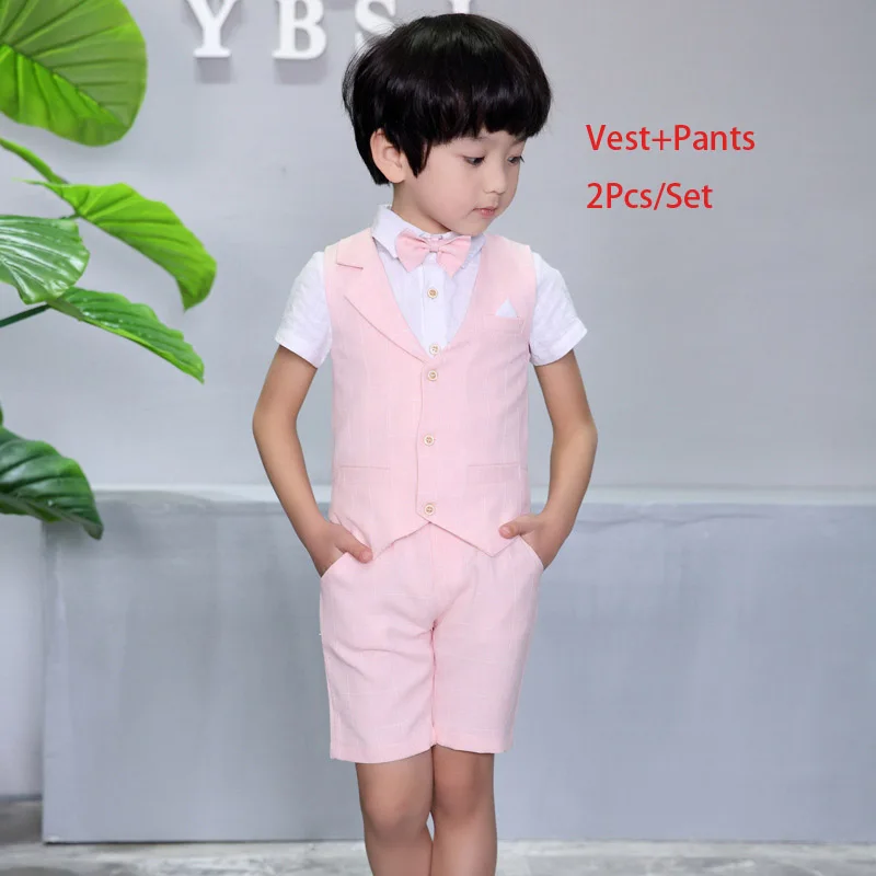 Pink vest shorts Брендовый комплект из 2 предметов: жилет+ шорты, комплекты летней одежды для мальчиков, джентльменские Детские торжественные костюмы с цветочным принтом для свадебной вечеринки для мальчиков, платье F113 - Цвет: Pink vest shorts