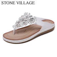 stone village new 2019 women sandals bohemian rhinestones flower beach flip flops large size comfortable flat shoes women