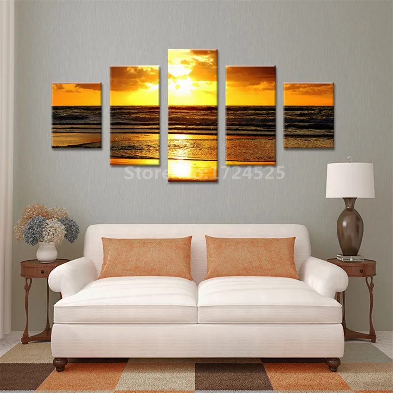 5 панелей Золотая пляжная вечерняя Картина на холсте настенное искусство картина
