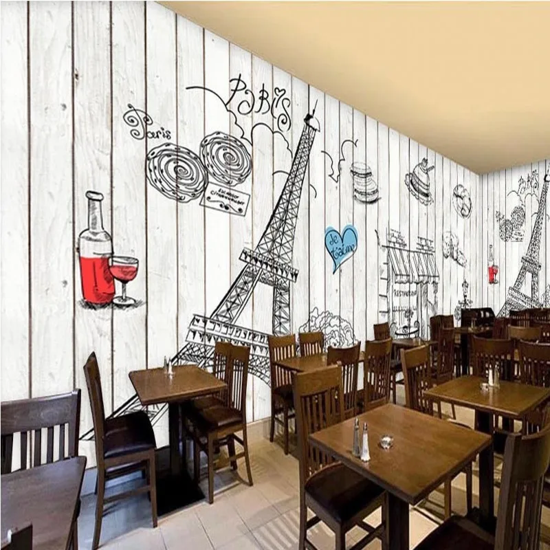 Фотообои ручная роспись деревянная Парижская башня обои хлебобулочные Ресторан
