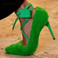 viisenantin sexy women party pumps shoes pointed toe curly fur thin heel ankle lace up runway shoe t show celebrity shoes