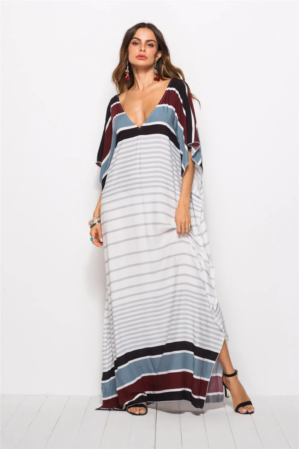 BOHOFREE Arabian Style Striped Kaftan Oversized Loose Long Gown Street Fashion Maxi Robe Hippie Dress Women Beach Dresses | Женская