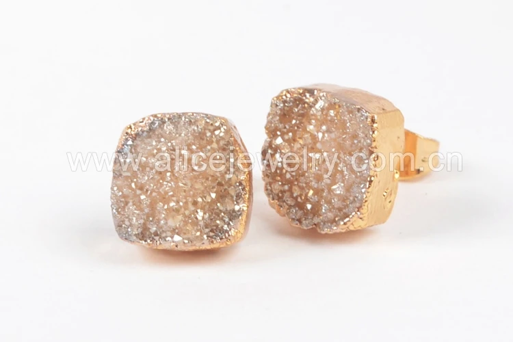 BOROSA квадратные серьги с натуральным кристаллом Druzy из титанового золота, элегантные Разноцветные серьги-гвоздики Druzy, ювелирные изделия с драгоценными камнями для женщин G0914