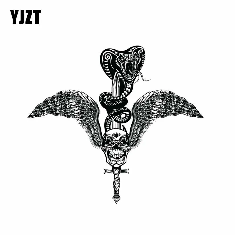 YJZT, 14,9 см * 13,4 см, череп, меч, змея, удлиненные крылья, автомобильная наклейка, велосипед, наклейка, аксессуары 6-0683