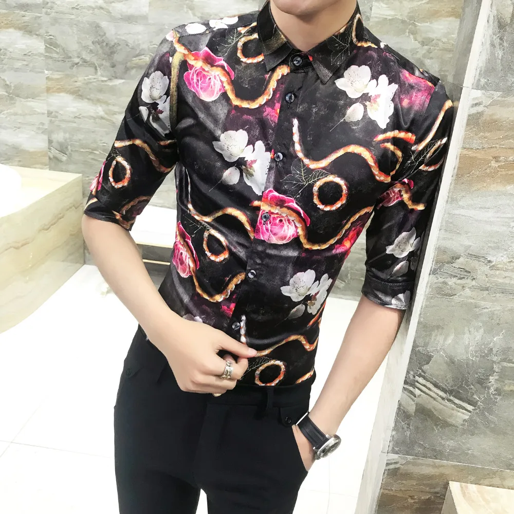 2018 летняя рубашка Для мужчин Sexy Slim Fit Повседневное цветочные рубашки S с коротким
