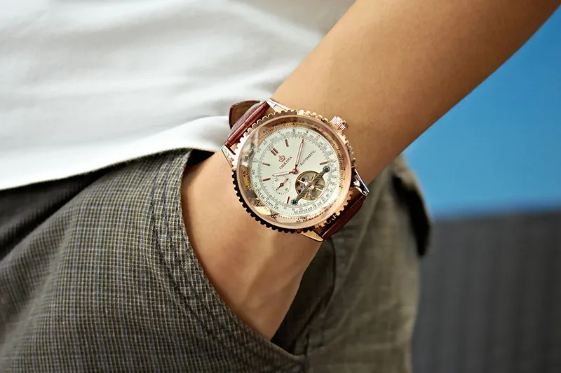 

MG. ORKINA Elegant Rose Gold Case Geared Bezel Big Dial Mens Watches Automatic Tourbillon Man Watch Relogio Masculino