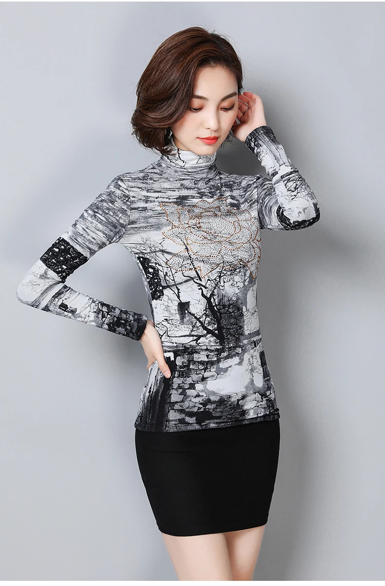 Женские блузки, элегантные, размера плюс 6XL, зимние, плотные, теплые, с высоким воротом, с принтом, женские блузки, рубашки, женские топы, плюс вельветовые Блузы