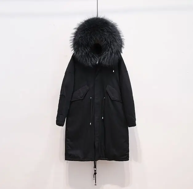 black coat black fur Большой натуральный мех,, высокое качество, длинная толстая теплая парка, зимняя куртка, Женское пальто, белый утиный пух, куртка, плюс размер, пальто - Цвет: black coat black fur