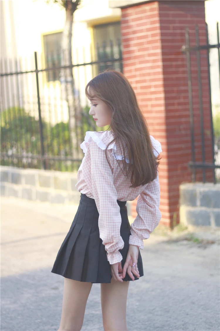 2017 Новый Прибыл Женщины Хлопок Питер Пэн Воротник Клетчатой Рубашке