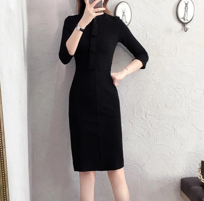 Роскошная винтажная однотонная одежда для работы с узлом Vestidos деловые вечерние женские элегантные офисные женские обтягивающее облегающее платье-карандаш