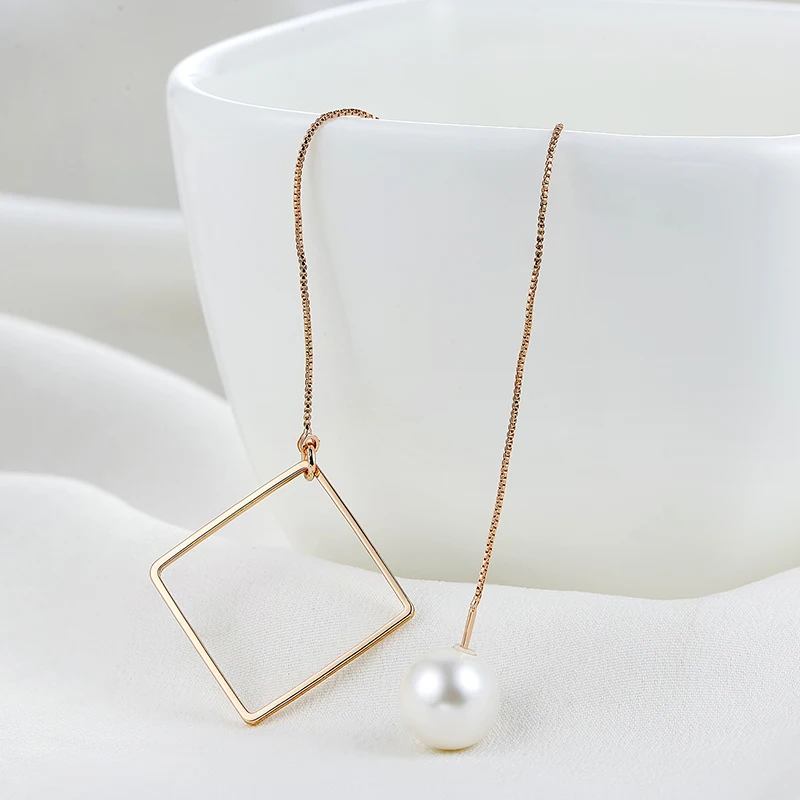 Корейская мода длинные серьги-цепочки с жемчугом квадратный сережки-подвески