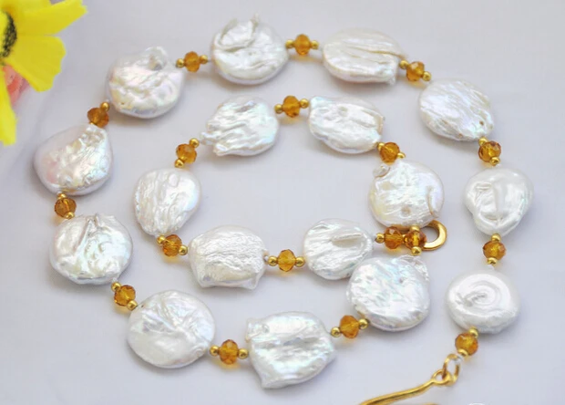 huij 0033053 22mm white baroque coin freshwater pearl faceted citrine necklace | Украшения и аксессуары