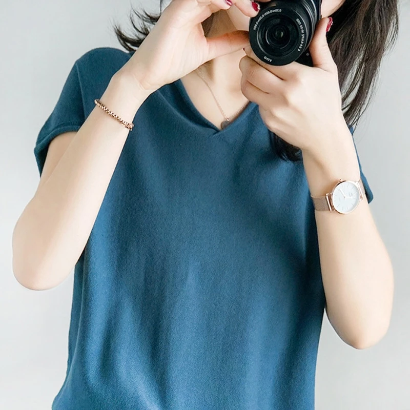 

Spring and Summer 100% Cotton knit Short-Sleeved Female Loose V-neck Pullover Europe and The United States Popular