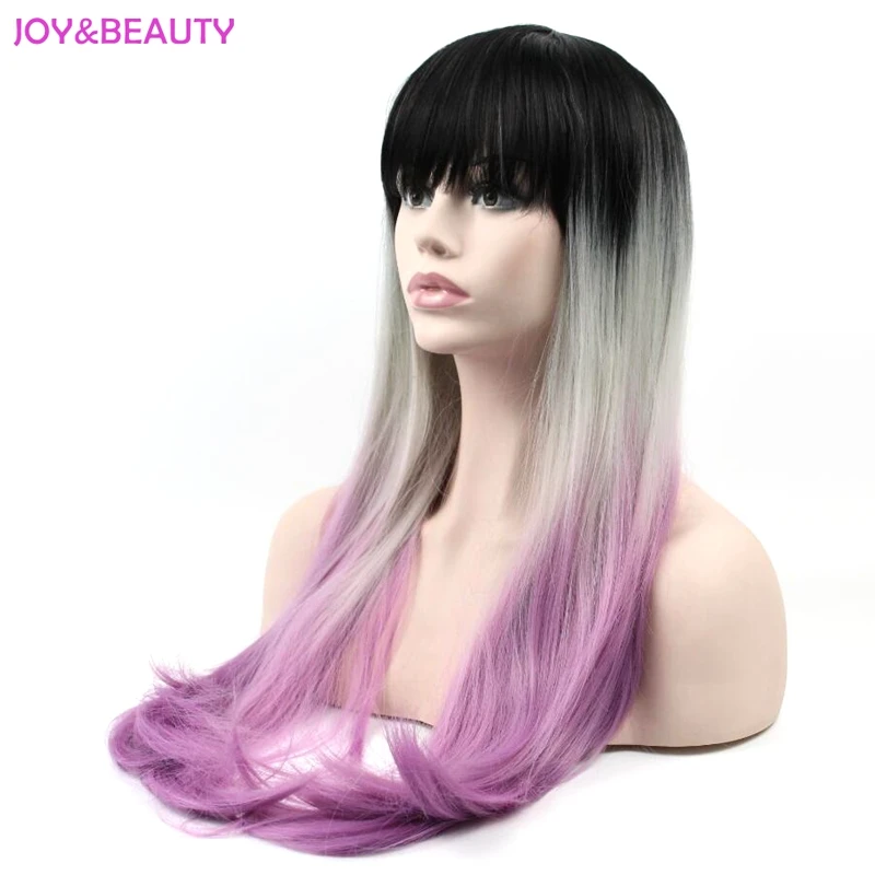 JOY& BEAUTY волосы косплей парик Омбре длинный кудрявый прямой парик высокая температура волокно натуральный черный/серый/фиолетовый парик длинный 27,5 дюймов