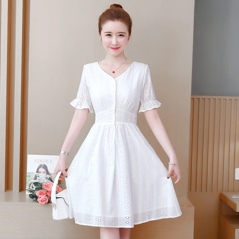 Большие размеры L-5XL летнее платье для женщин большие однотонные с вырезами