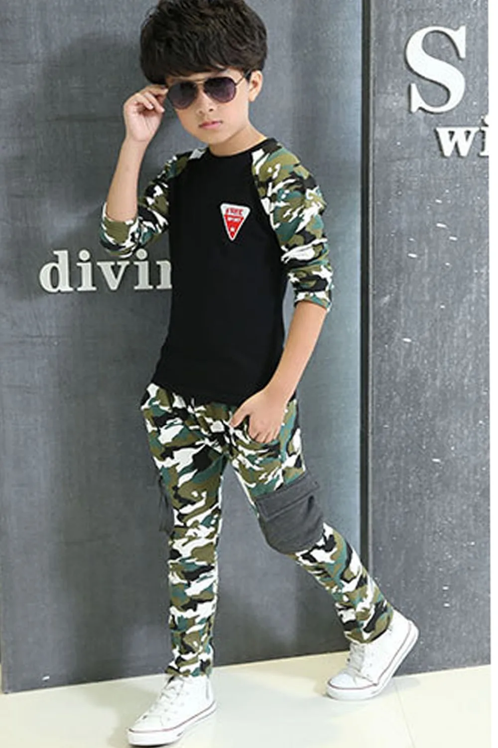 2018 Spring Fall Boys Fashion Camouflage Clothing 2Pcs Children Long-Sleeve Spliced Sport Suit Kid Military Uniform Twinset G300 | Детская