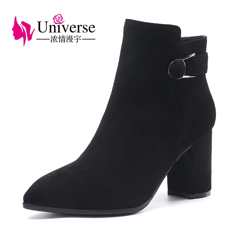 

Universe stylish women winter boots kid suede upper warm short plush lining ladies high heel ankle boots G294
