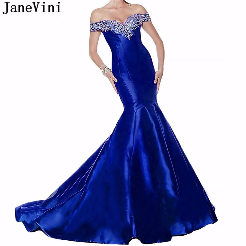 JaneVini Sexy Mermaid Royal Blue Evening Dress Off Shoulder Gown Sequins Beaded Long Satin Dresses Sweep Train Vestidos De Noite | Свадьбы и