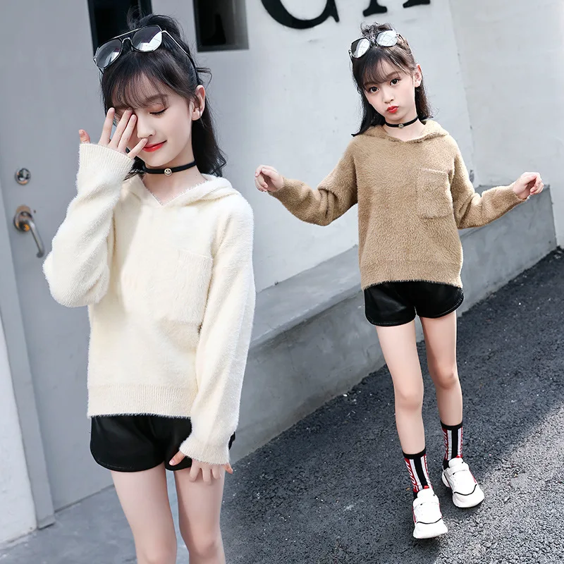 Белый Хлопковый шерстяной свитер с капюшоном для девочек 6 10 12 лет Повседневная