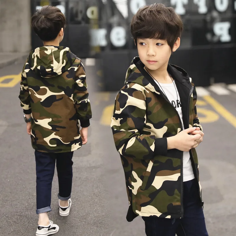 Детский плащ для мальчиков 3-12 лет камуфляжные Длинные куртки пальто с капюшоном