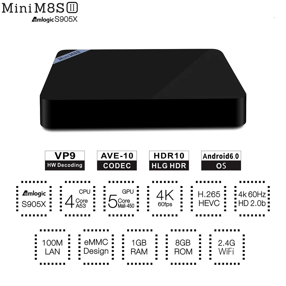Мини M8S II 4 К ТВ Box Amlogic S905X ядра 64Bit Android 6.0 VP9 H.265 декодирования media player 1/ 2 ГБ