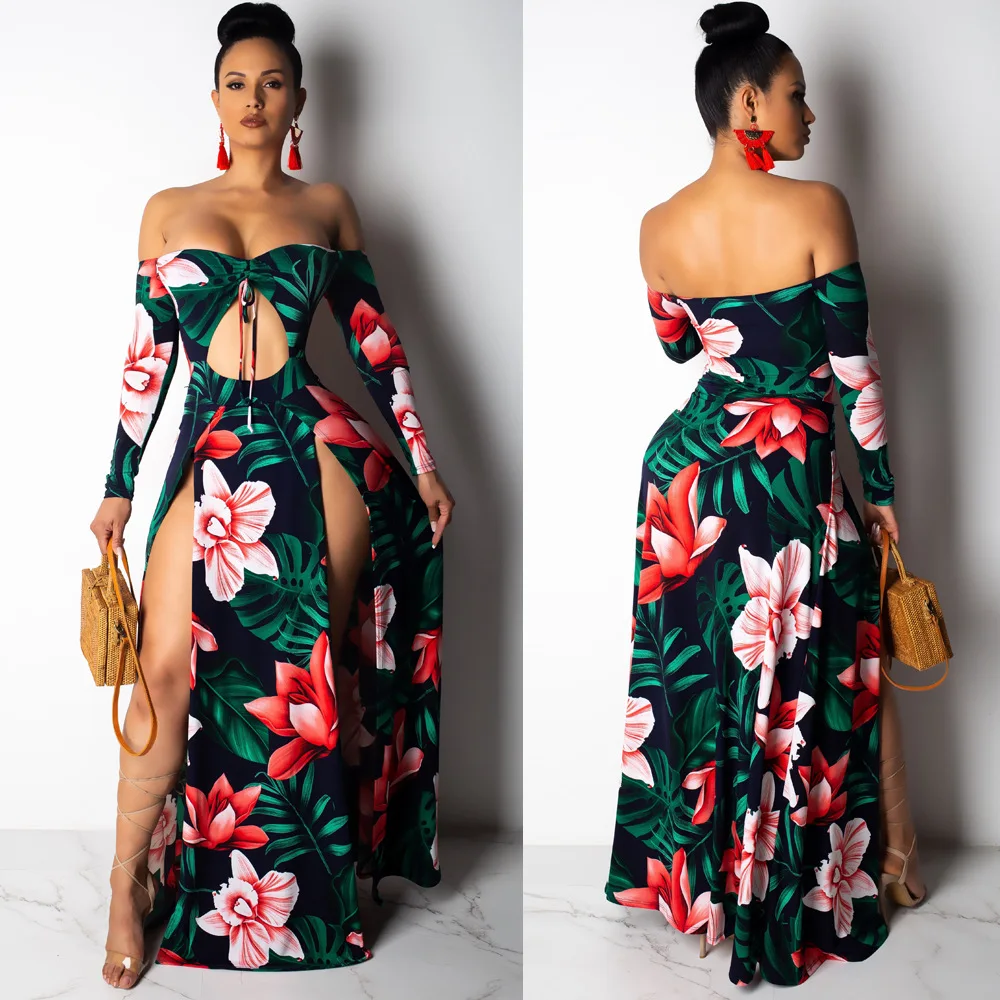 Women Printing Dress Sexy Off Shoulder Backless Cut Out Chest High Split Dresses Club Fashion Wear Night Floral Robes | Женская одежда