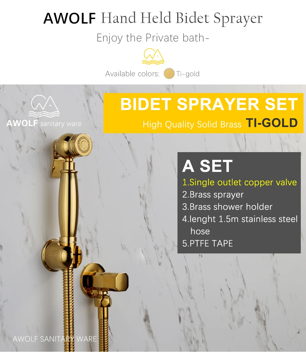 Hand Held Bidet Sprayer Gold Brass Douche Toilet Kit Hand Held Toilet Shattaf Shower Head Copper Valve Set Faucet AP2107
