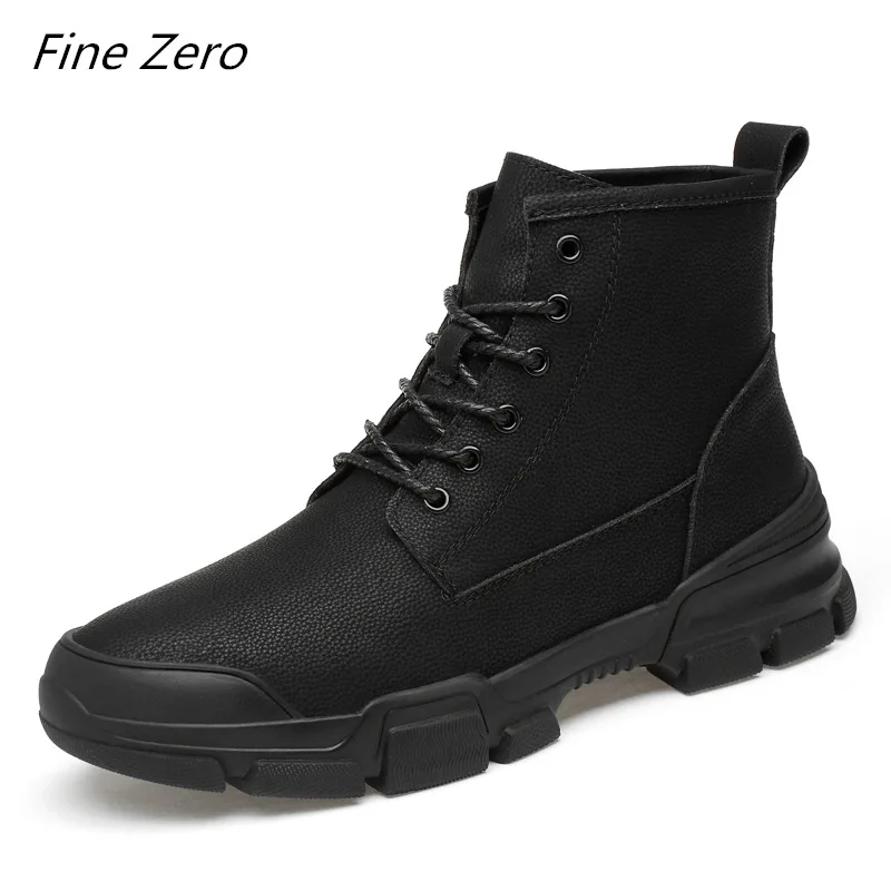 black-no plush High Quality Autumn Men's Boots Leather Winter Warm Shoes Motorcycle Mens Ankle Boots Autumn Men Oxfords Shoes - Цвет: black-no plush