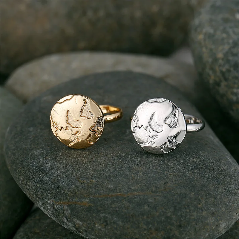 Boho золотое с гравировкой карта мира Земли регулируемое кольцо Bague винтажное для