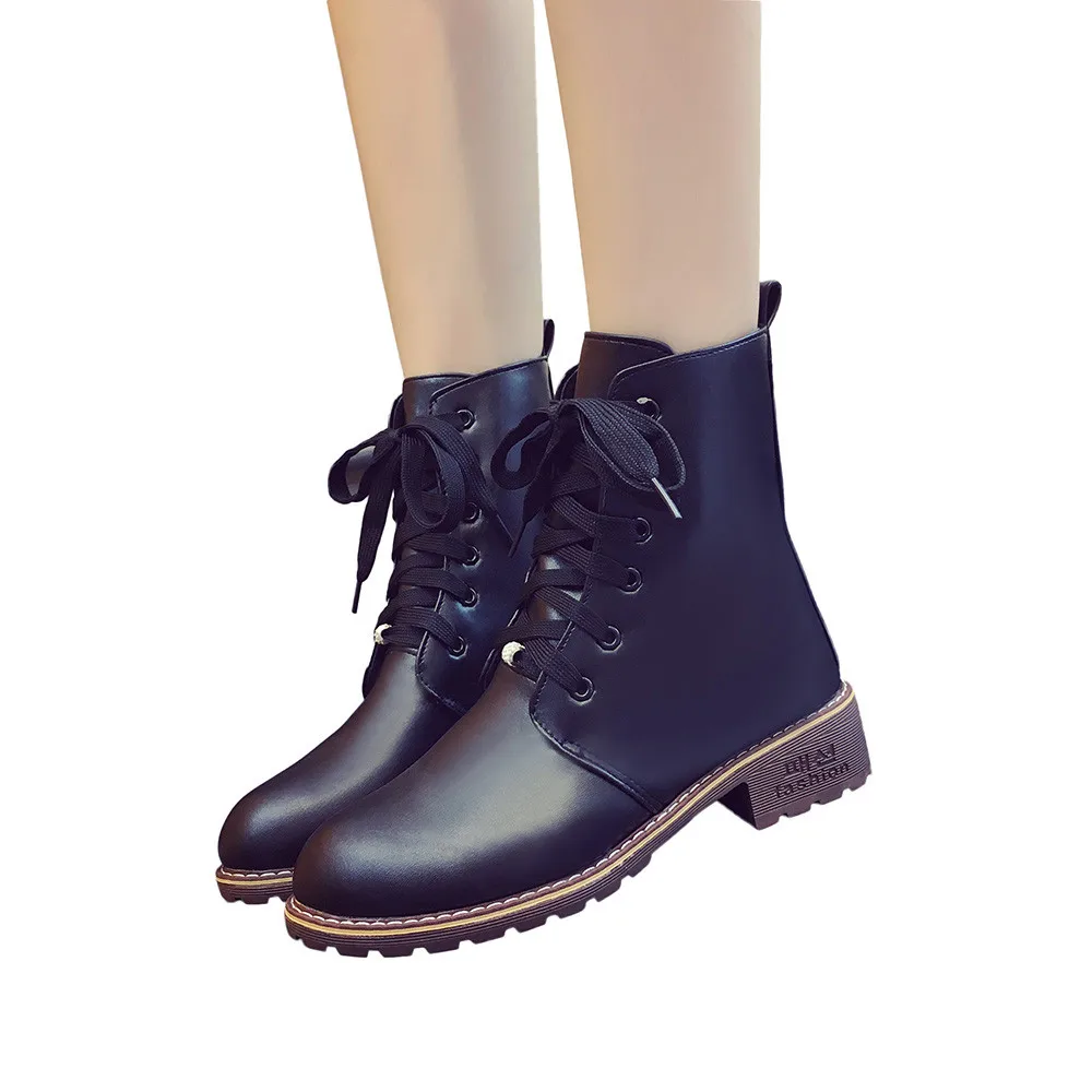 Ботинки Женская Классическая Кожаная обувь с круглым носком ботинки без