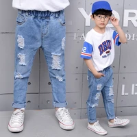 casual boys jeans solid elastic waist long kids pants new fashion loose holes boys denim trousers for 6 8 10 12 years children