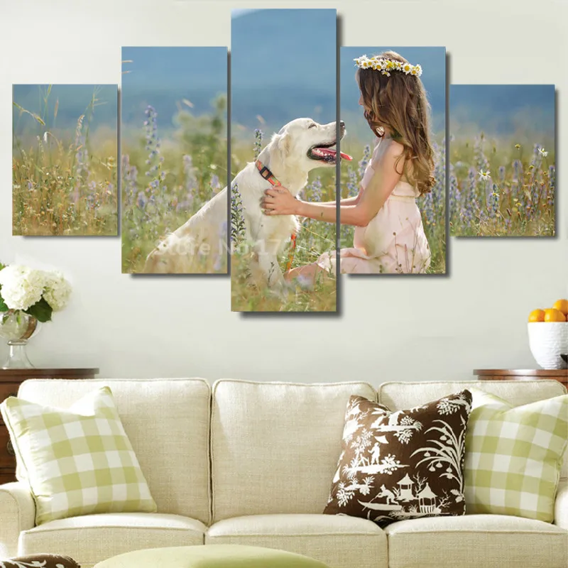 Prints Sweet Girl And Lovely Dog Canvas Painting 5 Pieces Cuadros Decoracion Landscape Wall Art Home Decor Unframed | Дом и сад
