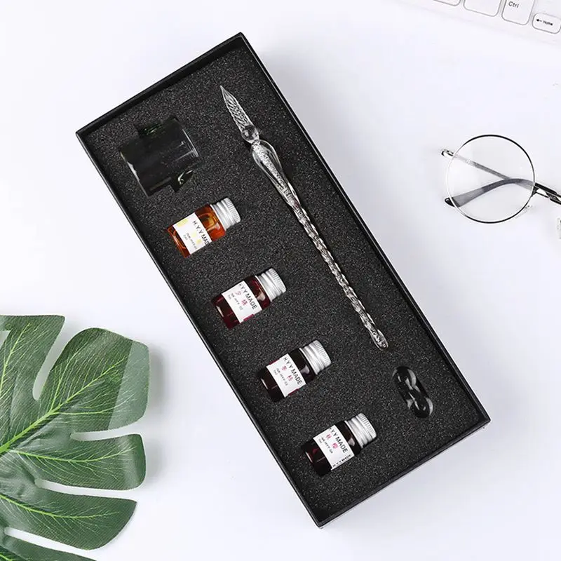 Vintage Crystal Glass Dip Pen Set Non-carbon Gold Ink Fountain Signature Calligraphy Pen Writing Tools Stationery Gift - Цвет: Big set design  6