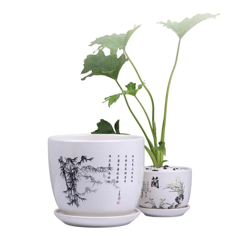 Chinese flower pot ceramic hanging orchid indoor balcony personality creative simple green plant basin with tray | Дом и сад