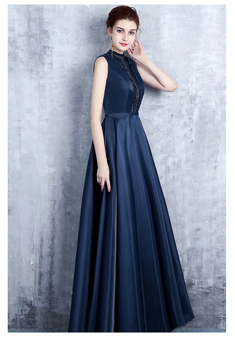 Vestido de madrinha de casamento longo высокая шея кружевная обувь с украшением в виде кристаллов трапециевидной формы военно-морской флот голубое платье для подружки невесты красивое Свадебный вечерний для жениха