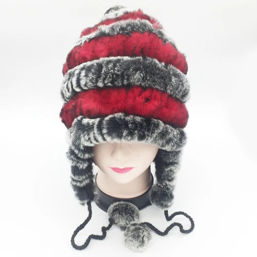 grey and red Новинка, Модный женский Настоящий мех кролика, шапка, зимняя женская шапка из меха кролика Рекс, шапка s, теплая вязаная, настоящий мех кролика, шапка - Цвет: grey and red
