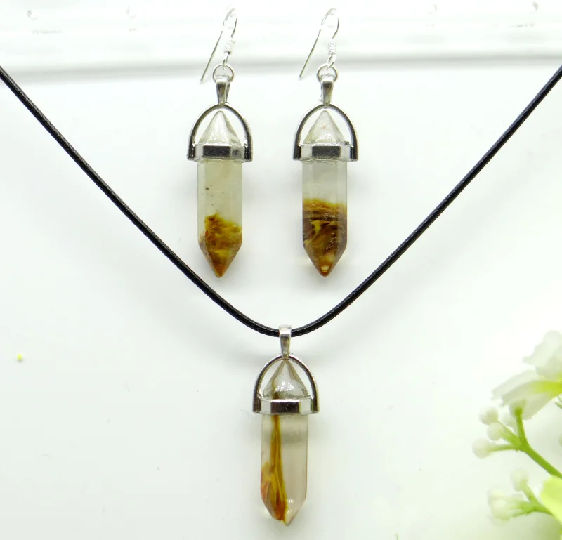 

Natural Stone Quartz Crystal Opal lapis Mix stone Hexagonal Column Pendant Leather Chains Necklace Earrings charm Jewelry 1set