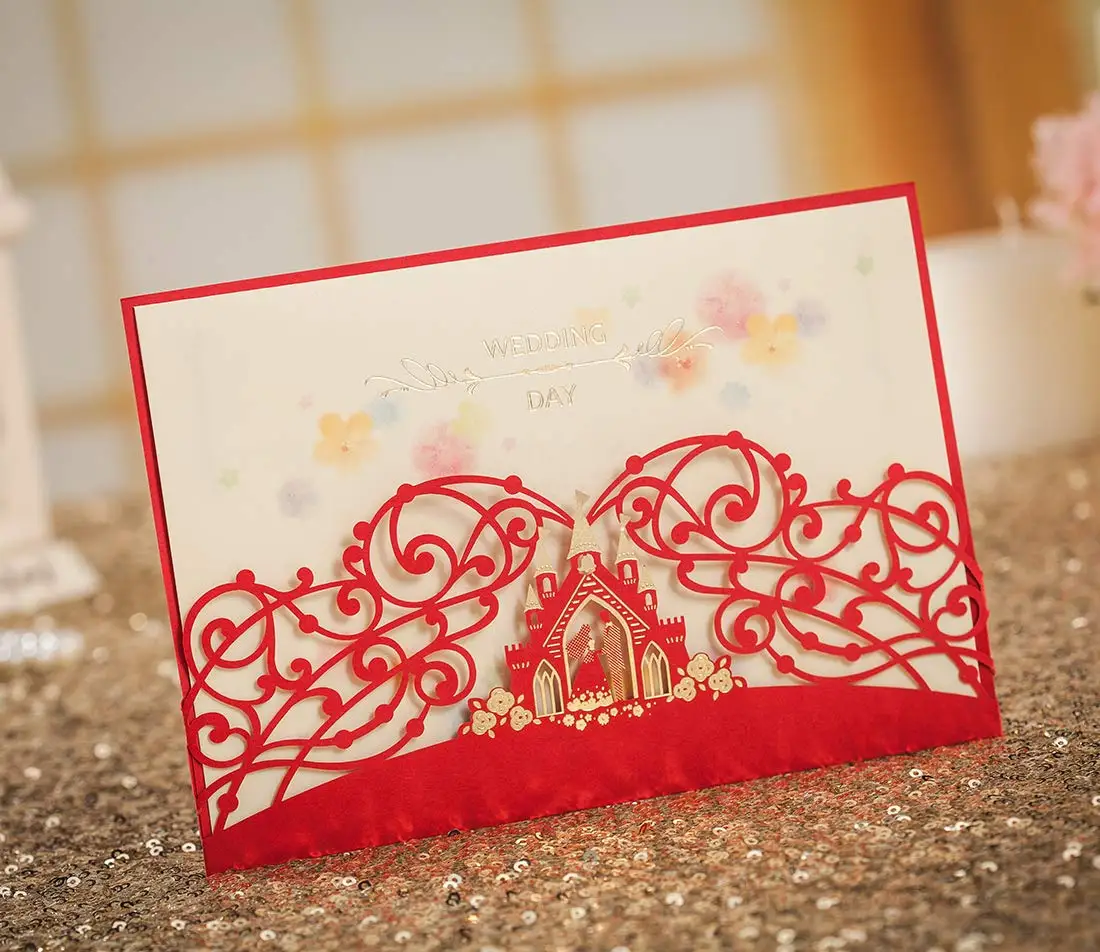 100 шт Жених и невеста в замке Красная корона лазерная резка свадебные приглашения