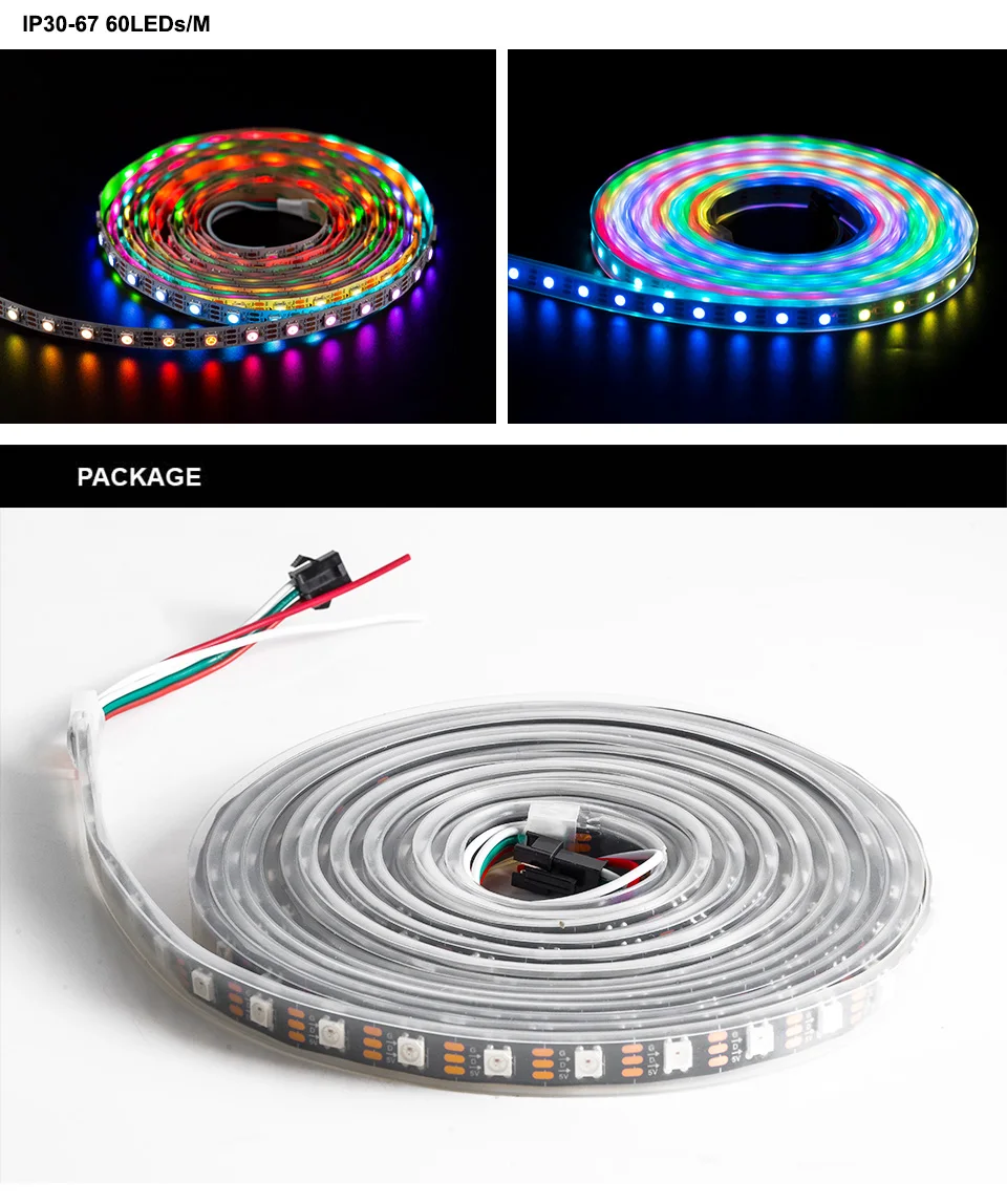 1 м/2 м/5 м WS2812B эко 30/60/100/144 пикселей/светодиодов/m ТВ цветных(RGB) светодиодных лент светильник WS2812 IC индивидуально адресуемых черный/белый печатных плат DC5V