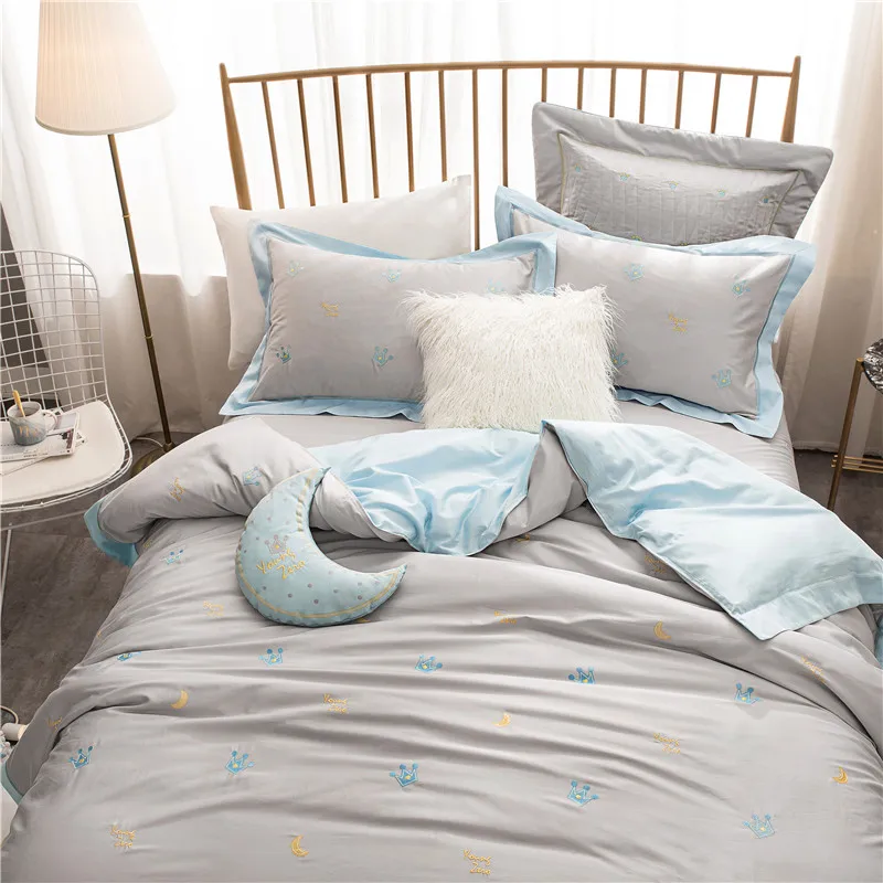 2018 постельное белье из египетского хлопка с вышивкой в виде короны серое