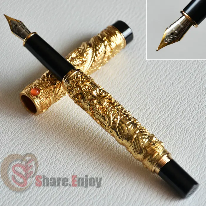 Перьевая ручка JINHAO GOLDEN TWO DRAGON PLAY PEARL 18KGP с тонким наконечником и кристаллом|pen light|pen